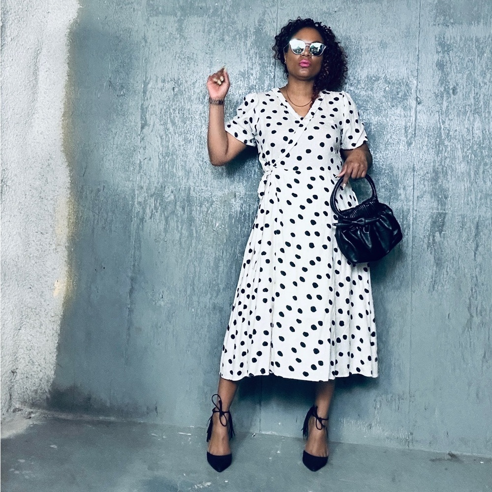 Polka Dot Midi Wrap Dress, M, fits M/L